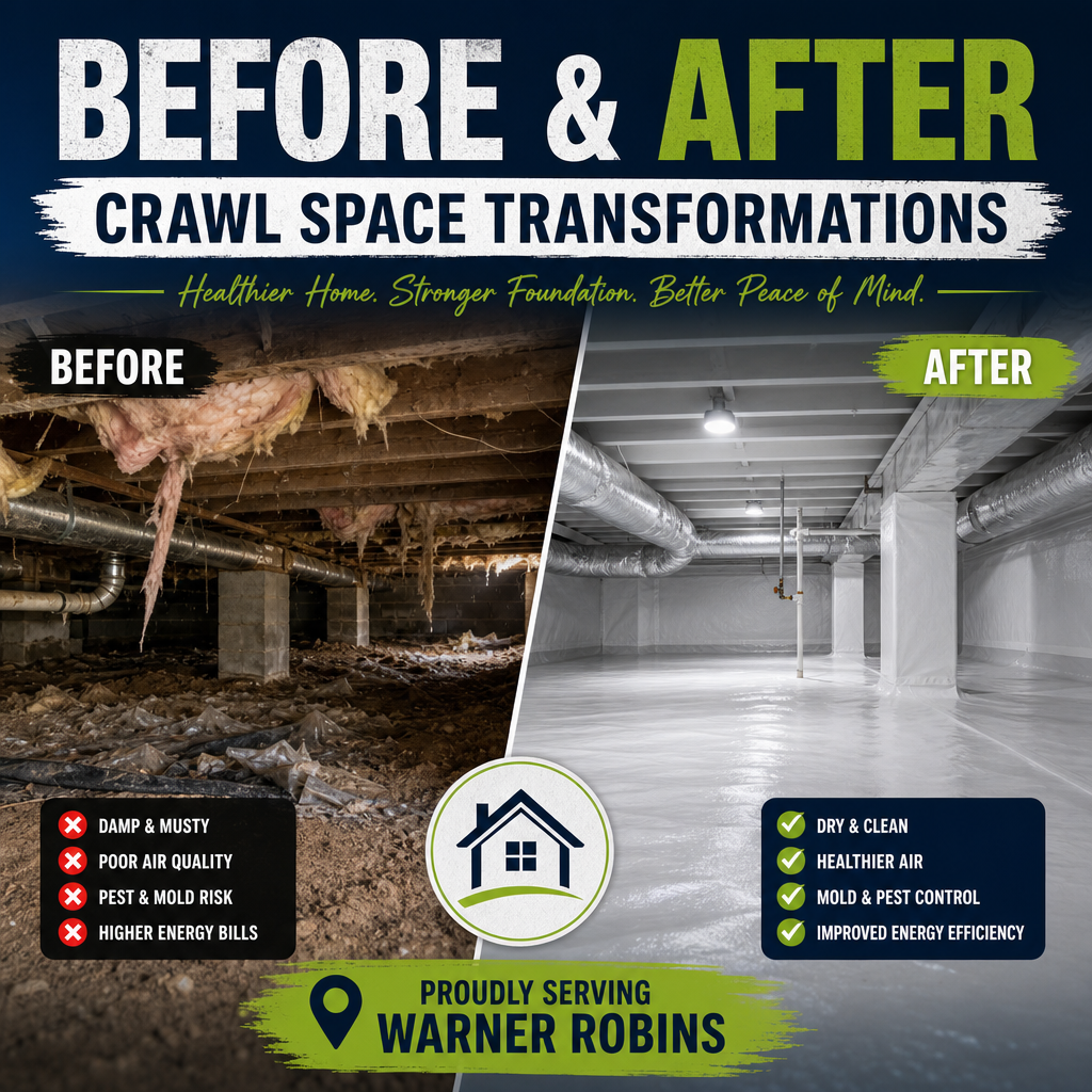 Before-and-after crawl space transformation in Warner Robins showing a cleaner, drier, protected foundation