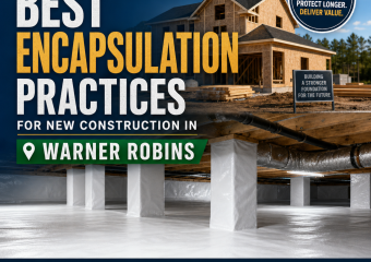 Builder’s guide infographic on encapsulation practices for new homes in Warner Robins, showing moisture control benefits
