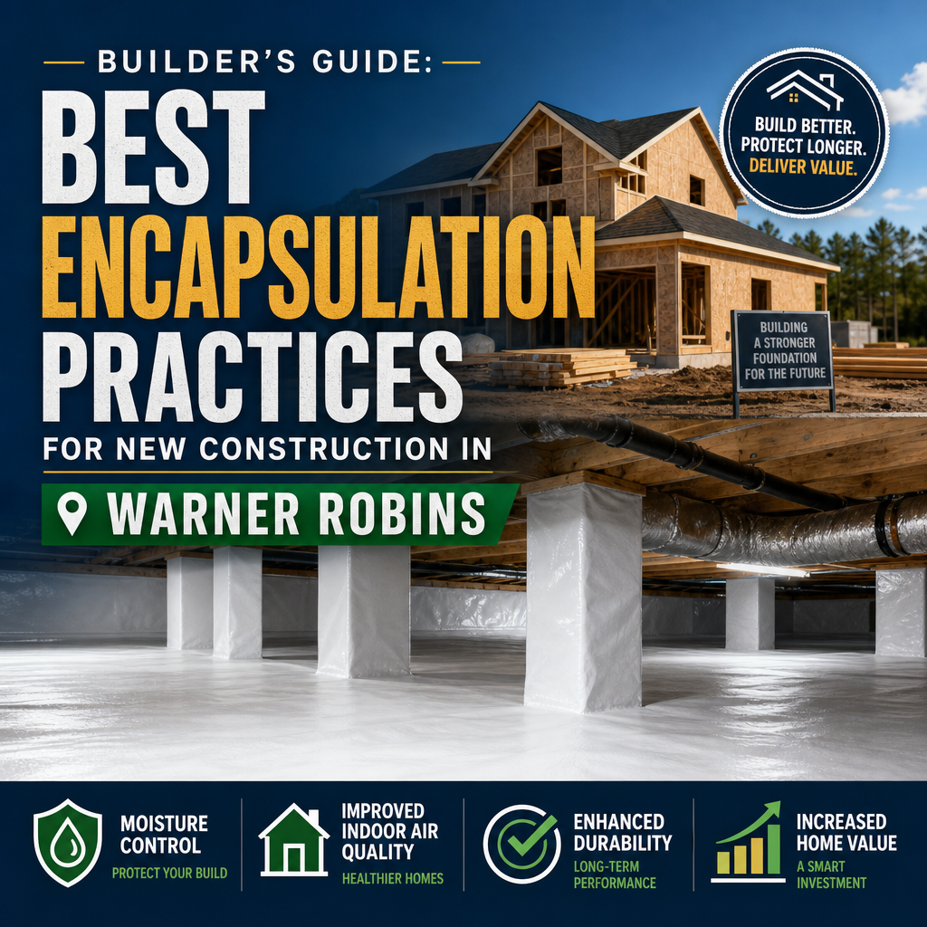 Builder’s guide infographic on encapsulation practices for new homes in Warner Robins, showing moisture control benefits
