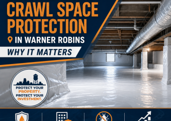 Technician inspecting commercial crawl space protection under a building in Warner Robins