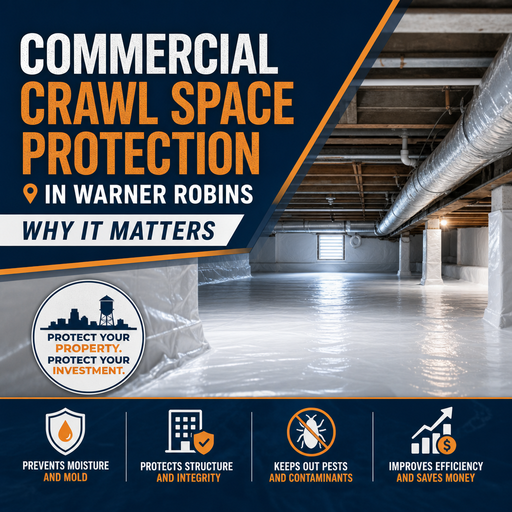 Technician inspecting commercial crawl space protection under a building in Warner Robins
