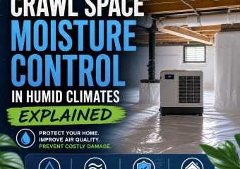 Illustration of crawl space moisture control in a humid climate with vents, vapor barrier, and dehumidifier