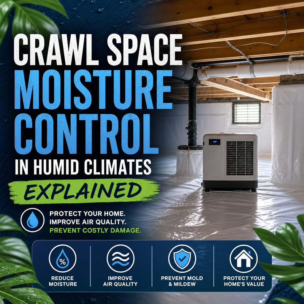 Illustration of crawl space moisture control in a humid climate with vents, vapor barrier, and dehumidifier