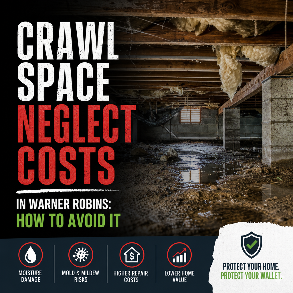Damaged crawl space with moisture, mold, and wood rot showing the cost of neglect