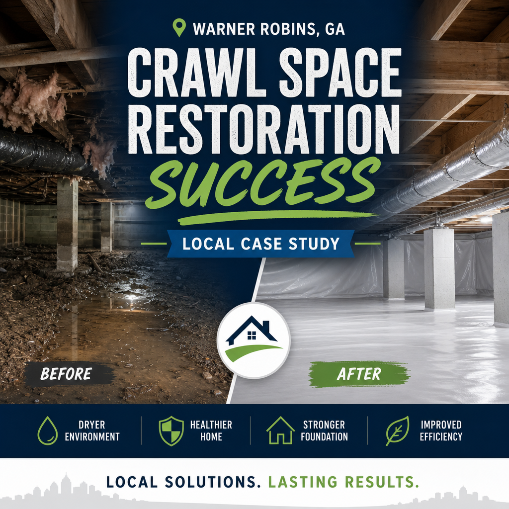 Before-and-after crawl space restoration in Warner Robins showing improved moisture control and insulation