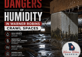 Infographic on crawl space humidity dangers, including mold, wood rot, pests, and high energy bills.