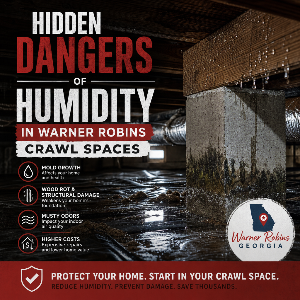 Infographic on crawl space humidity dangers, including mold, wood rot, pests, and high energy bills.