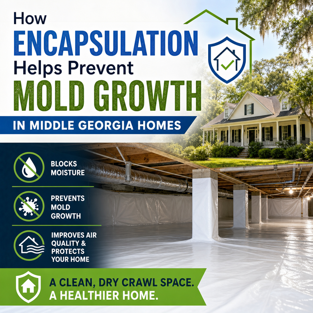 Infographic showing crawl space encapsulation reducing moisture and mold in Middle Georgia homes