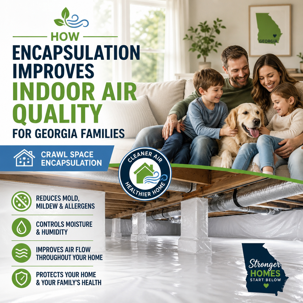 Crawl space encapsulation reduces moisture and mold, improving indoor air quality in a Georgia home