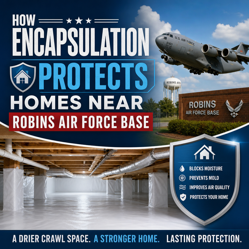 Crawl space encapsulation protecting a home from moisture, mold, and poor air quality near Robins Air Force Base