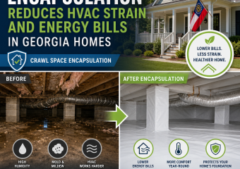 Infographic showing crawl space encapsulation reducing HVAC strain and energy bills in a Georgia home