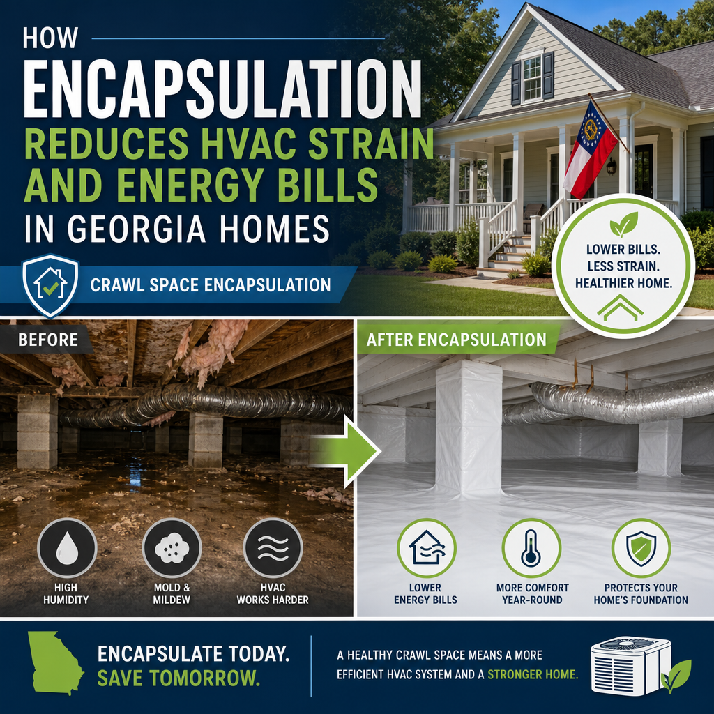 Infographic showing crawl space encapsulation reducing HVAC strain and energy bills in a Georgia home