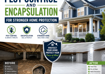 Technician performing pest control and encapsulation to protect a home from pests and moisture