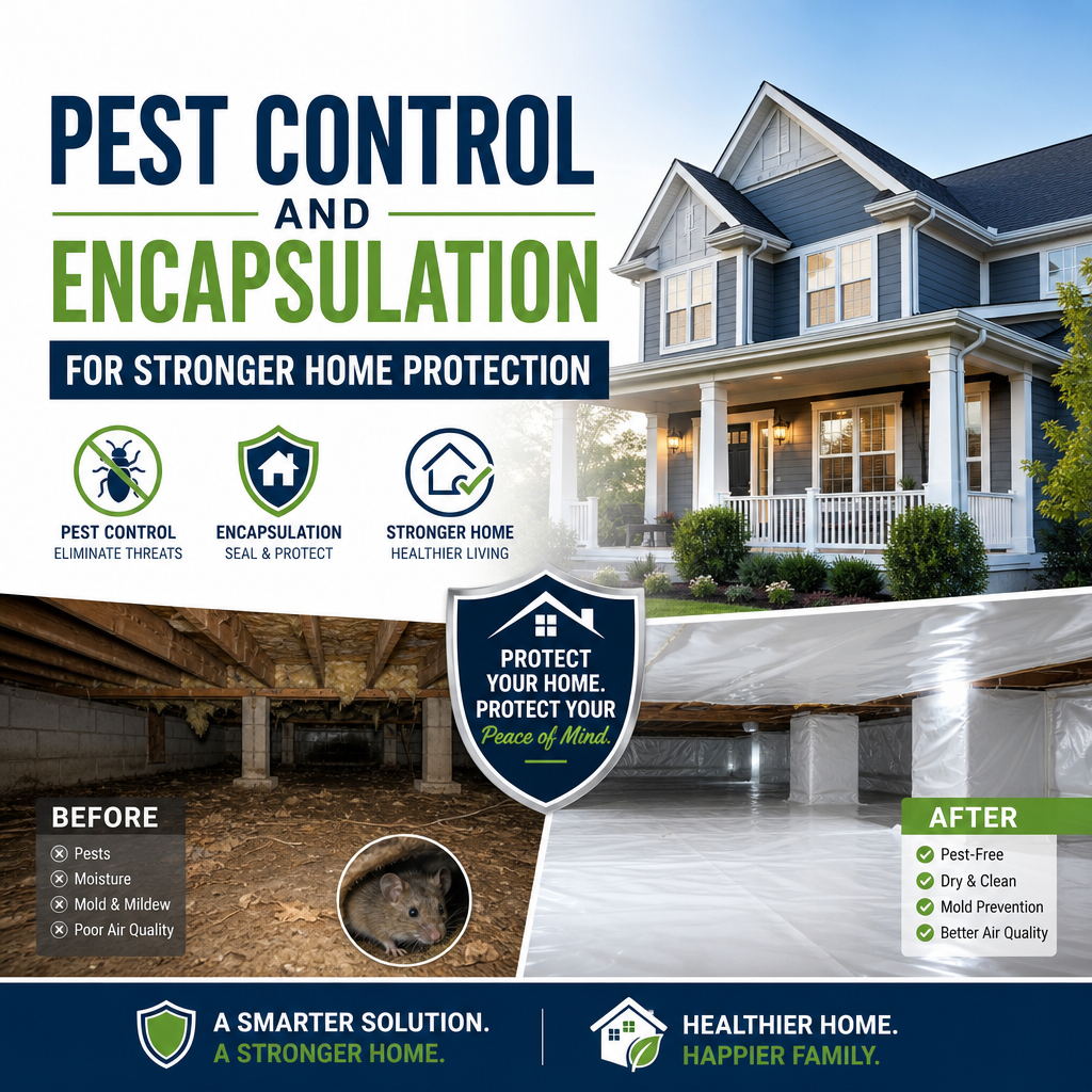 Technician performing pest control and encapsulation to protect a home from pests and moisture