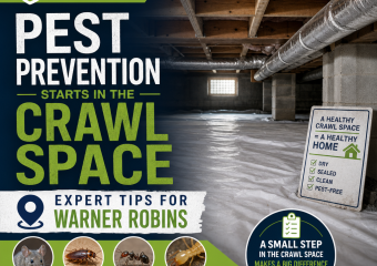 Technician inspecting a crawl space for pest prevention in a Warner Robins home