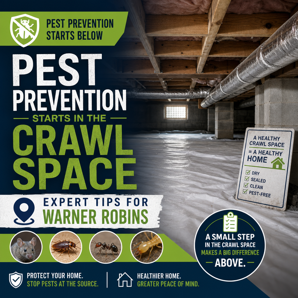 Technician inspecting a crawl space for pest prevention in a Warner Robins home