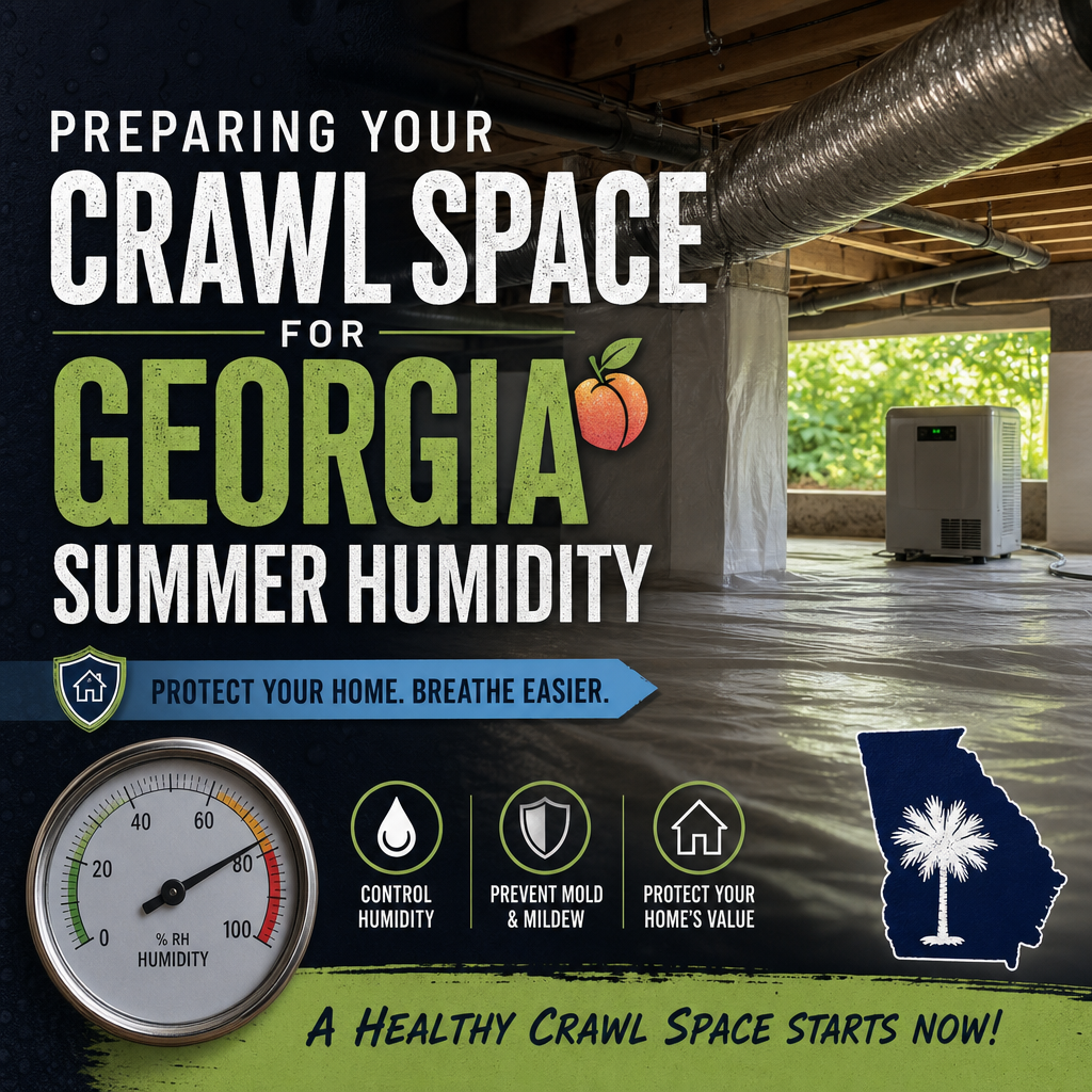 Worker inspecting crawl space humidity control in a Georgia home to prevent moisture and mold