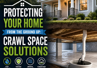 Illustration of crawl space solutions stopping moisture, mold, pests, and foundation damage in a home.