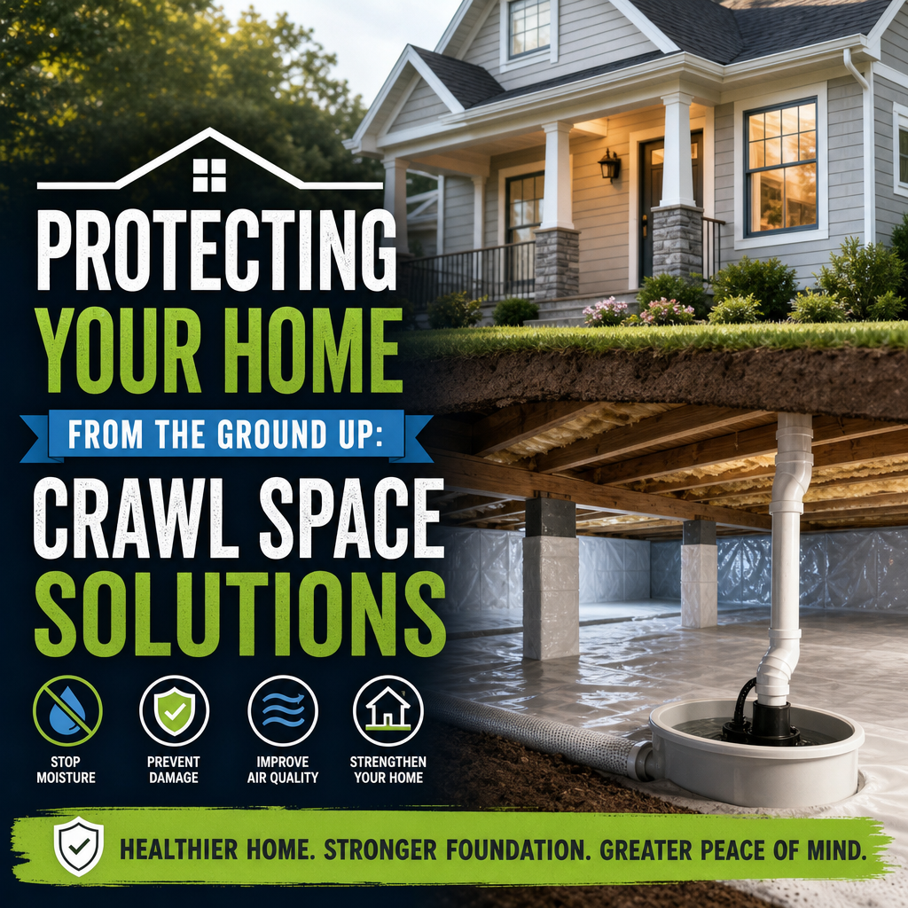 Illustration of crawl space solutions stopping moisture, mold, pests, and foundation damage in a home.