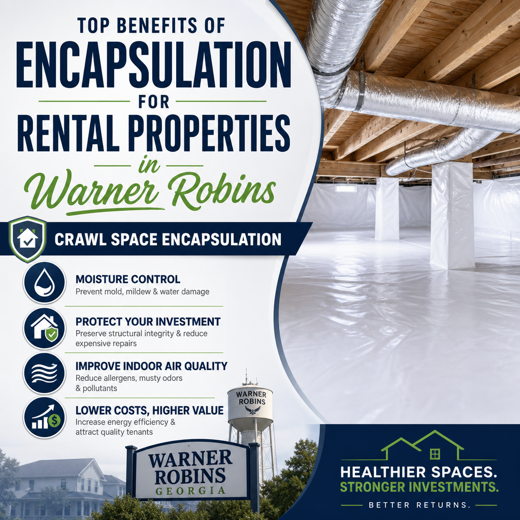 Crawl space encapsulation in a rental property, highlighting moisture control and structural protection.