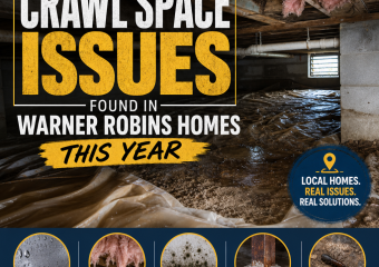 Crawl space with moisture, mold, damaged insulation, wood rot, and pest damage in a Warner Robins home