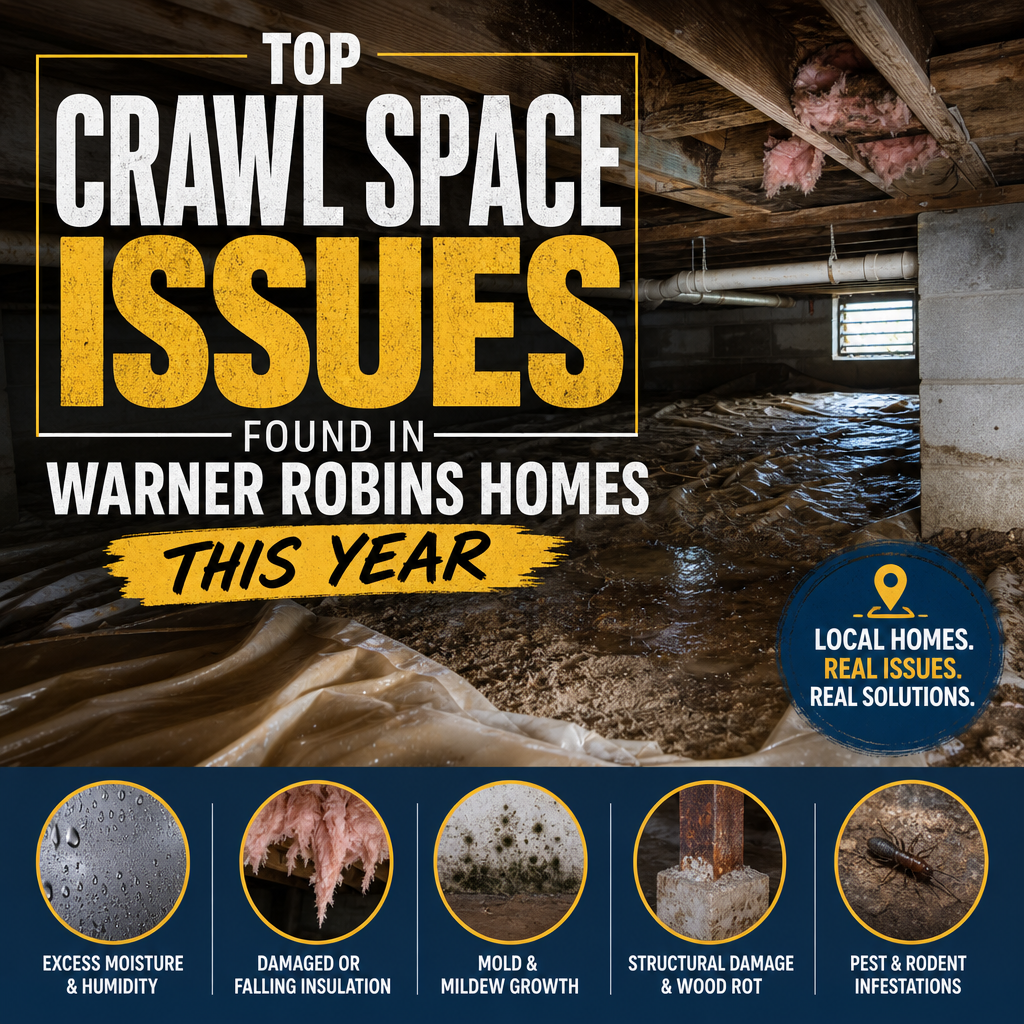 Crawl space with moisture, mold, damaged insulation, wood rot, and pest damage in a Warner Robins home