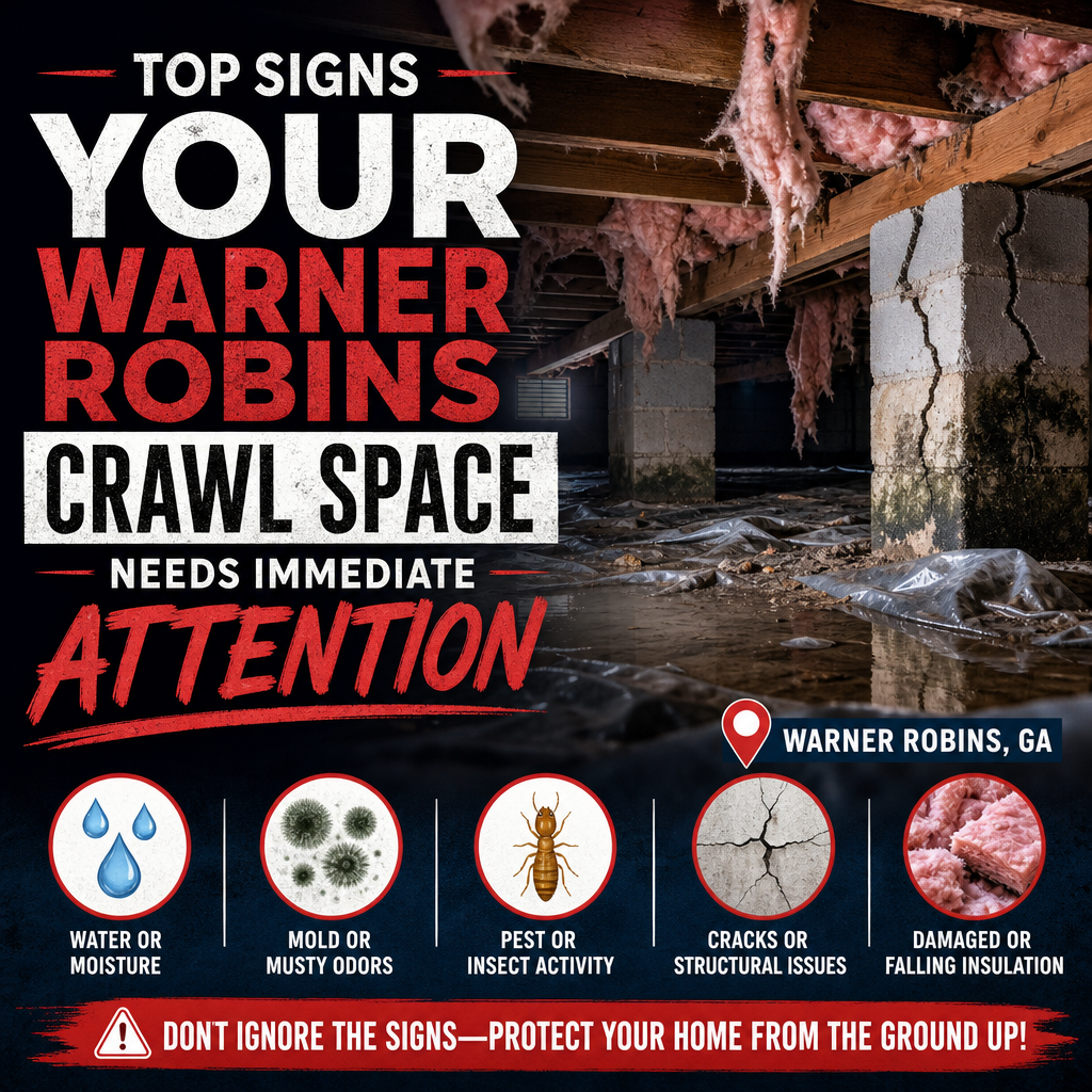 Water damage, mold, pests, cracks, and damaged insulation in a Warner Robins crawl space