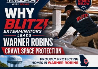Blitz Exterminators technician inspecting a Warner Robins crawl space for moisture and mold protection