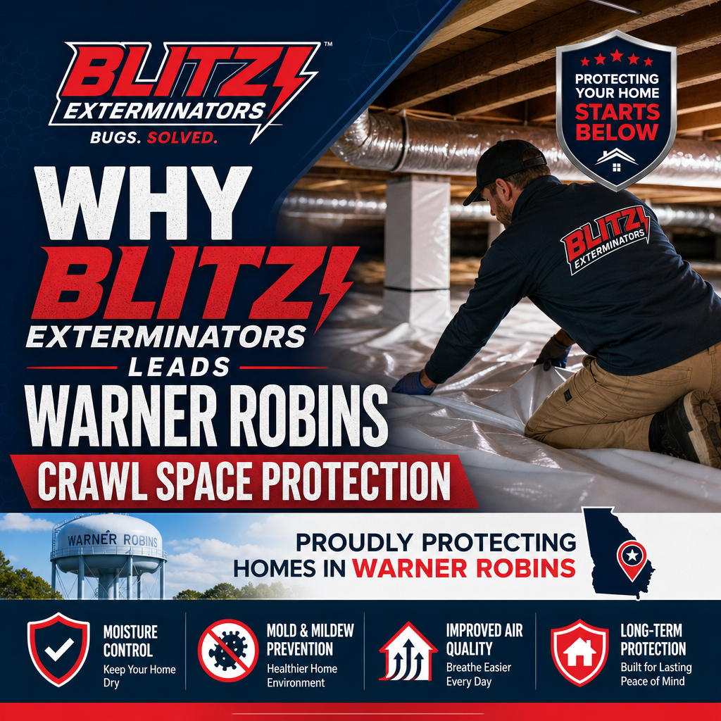 Blitz Exterminators technician inspecting a Warner Robins crawl space for moisture and mold protection