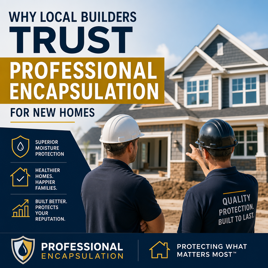 Local builders using professional encapsulation to protect a new home's crawl space from moisture